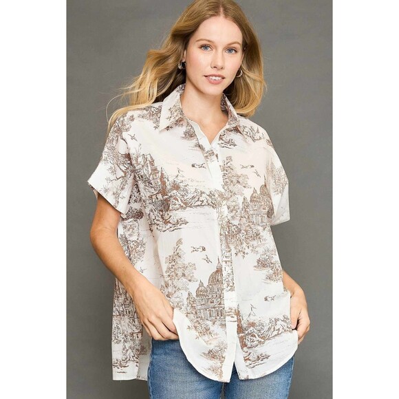 UMGEE Tops - New Umgee S M L Latte Cream Victorian Mansion Toile Cotton Button Front Top